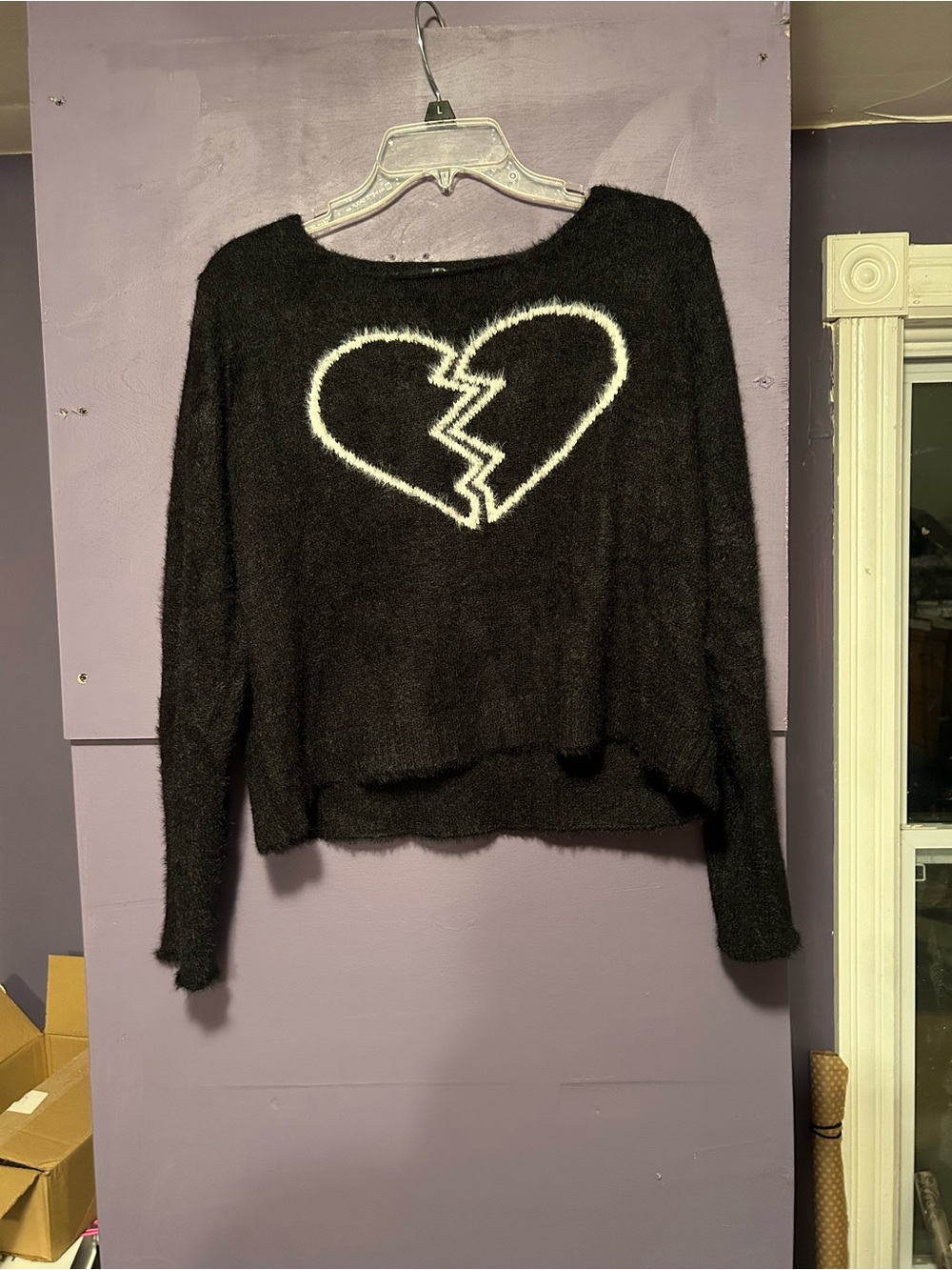 Foxblood fuzzy black sweater with white broken heart graphic, size S